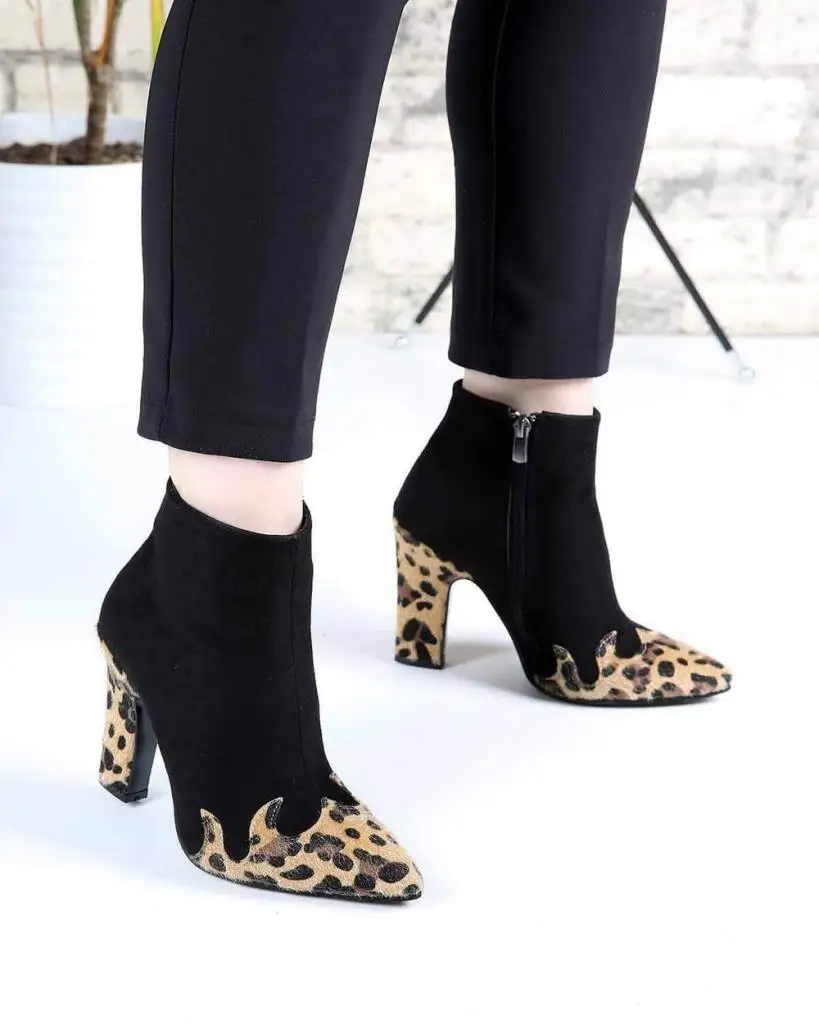 

Mosimoso Women's Ankle Height Boot Fire Black Suede Leopard Toe Heels Zippered Women Boots