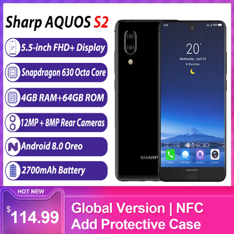 Смартфон Sharp AQUOS S2 C10, 4 Гб+ 64 ГБ, 5,5 дюймов, FHD+ Android8.0, Восьмиядерный, 12 Мп+ 8 Мп, NFC, отпечаток пальца, 4G, глобальная версия
