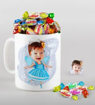 

Personalized Female Child Ballerina Caricature Of mug And Haribo Fruitbons Candy Gift set