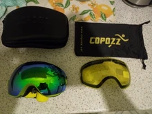 COPOZZ-Gafas de esquí con funda y lente amarilla, lentes de esquí esféricas antivaho, para esquiar, para hombre y mujer, gafas de nieve + lente + caja