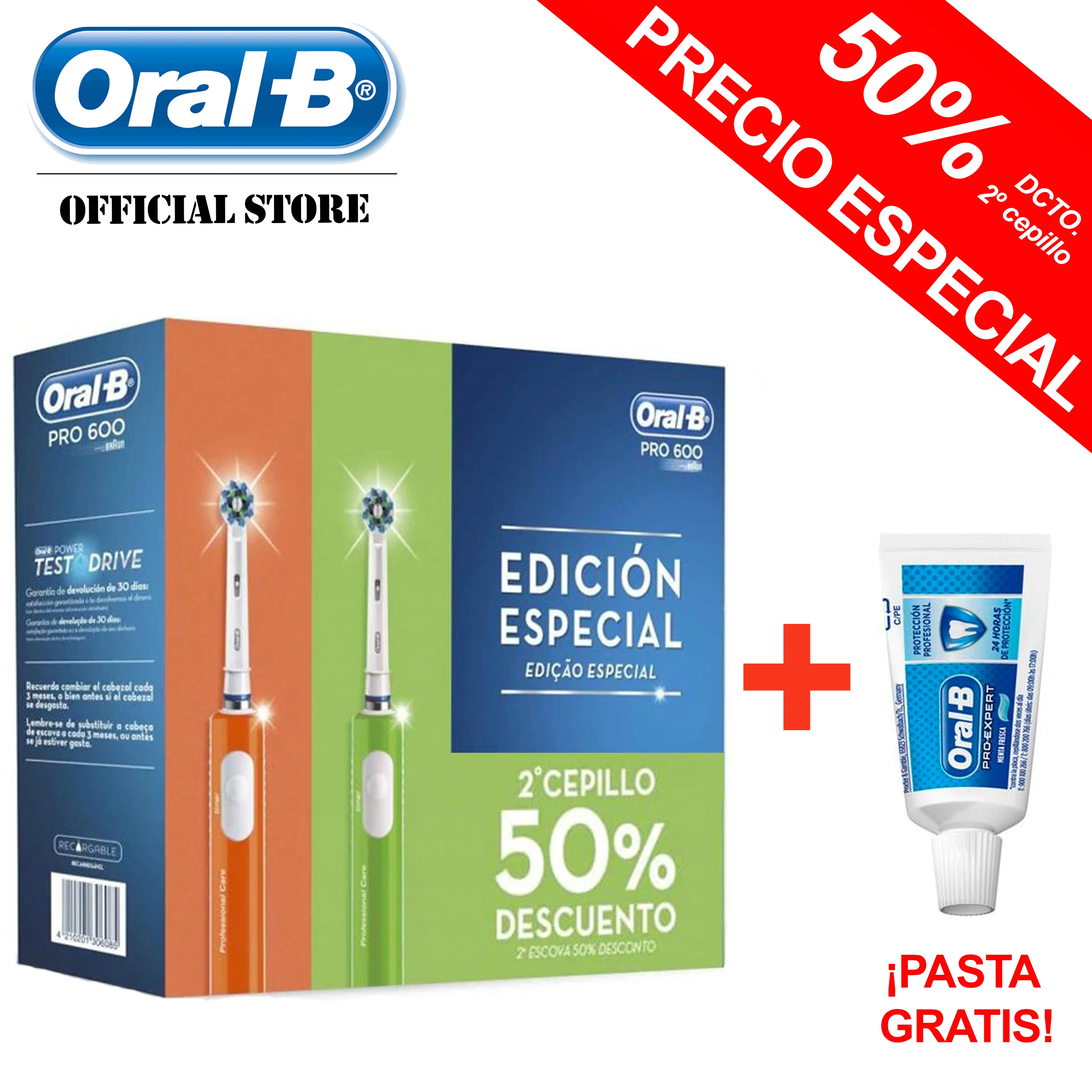 Comprare Pacchetto 2 Cepillos Eléctricos con tecnología Braun Oral B PRO 600 CrossAction Scatola Naranja Verde + Dentífrico Orale  B Esperto 15ml