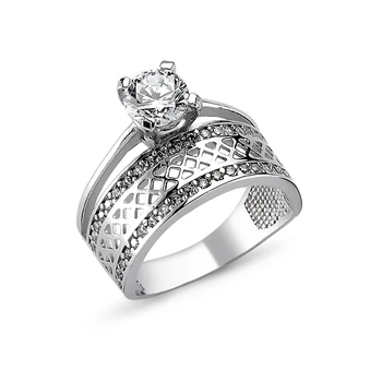 

Silver 925 Sterling Zircon Gemstone Straw Pattern Half Round Engagement Ring