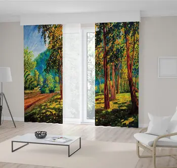 

Curtain Colorful Autumn Trees Garden Mountain and Sunlight Landscape Oil Color Painting Artwork in Yellow Brown Blue