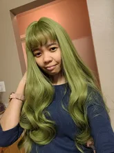 Peluca de cabello sintético para mujer, pelo negro y verde de 24 pulgadas con volante grande y flequillo, estilo africano y americano, fibra resistente al calor