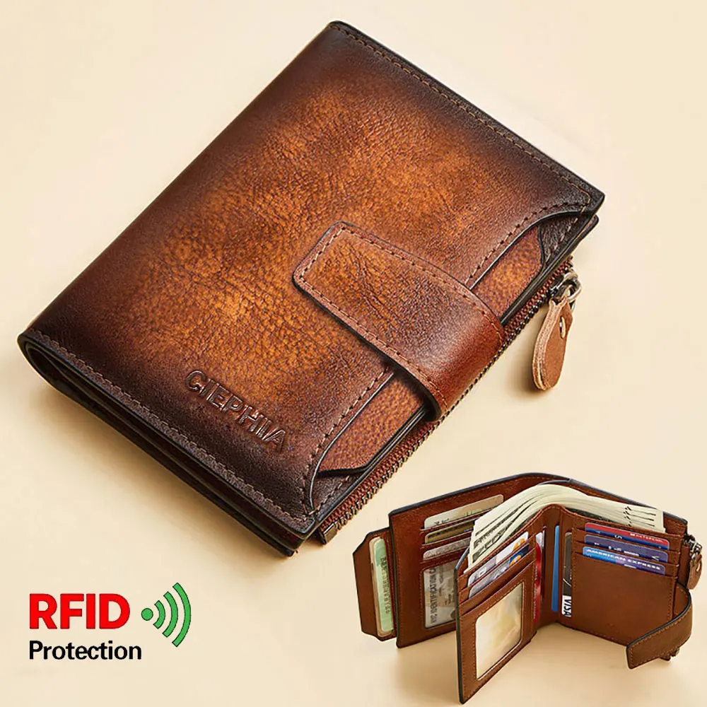 Men RFID Blocking Secure Wallet Fashion Vintage Purses Genuine Leather Tri-fold