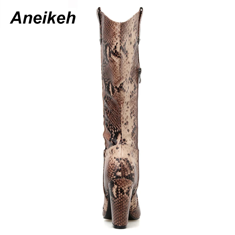 Aneikeh Spring/Autumn Fashion Serpentine Boots Women Sexy Lady Pointed Toe Over-The-Knee Shoes High Heels Thick Heel High Boots