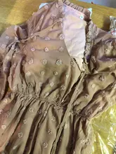 Las mujeres Rosa Vestido para damas apliques Vestido camisero de gasa de las mujeres cuello con volantes de manga larga cintura Mini Vestido de verano Vestido de