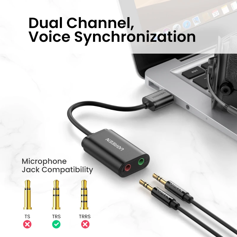 UGREEN-tarjeta de sonido USB, interfaz de Audio con micrófono de 3,5mm, adaptador de Audio USB para PC PS4 5, adaptador de sonido externo para auriculares