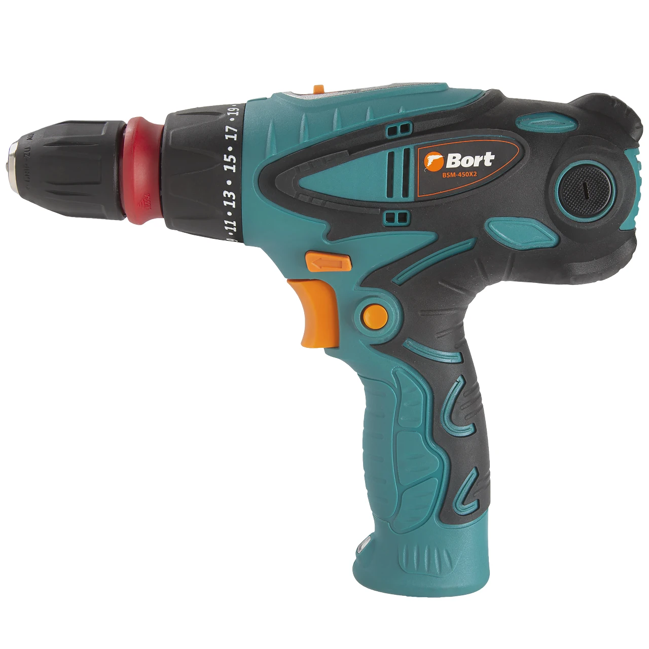 Дрель-шуруповерт электрический Bort BSM-450X2 (2 скорости, съемный патрон, крутящий момент 35Нм, быстрая замена щеток)