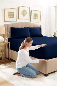 

Pure %100 Cotton Combing Luxury Solid Navy Blue Fitted Sheet Elastic Bed Linens Mattress Cover 160x200 Comfortable Modern 2020