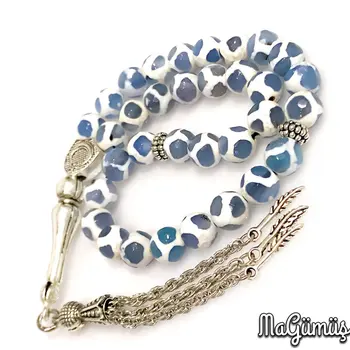 

Blue Agate Embroidered Design Natural Stone Rosary