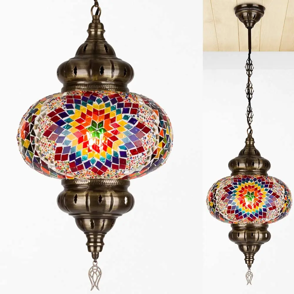 Turkish Moroccan Mosaic Tiffany Glass Stained Ceiling Hanging Light Lamp  Lantern Boho Pendant Chandelier for Bedroom Decor - 10