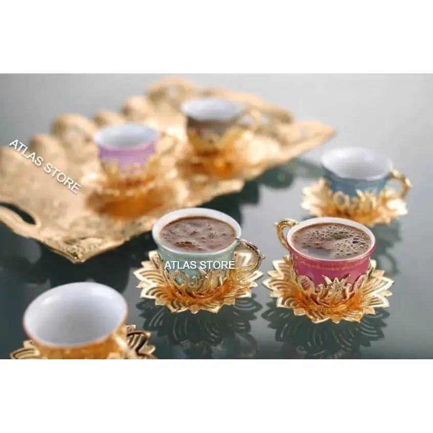 

TURKISH COFFEE GOLD PATTERNED PORCELAIN CUP OF SIX PERSONALİTY TWENTY SEVEN PARTS COFFEE SET AND STYLISH ROUND PRESENTATION TRAY