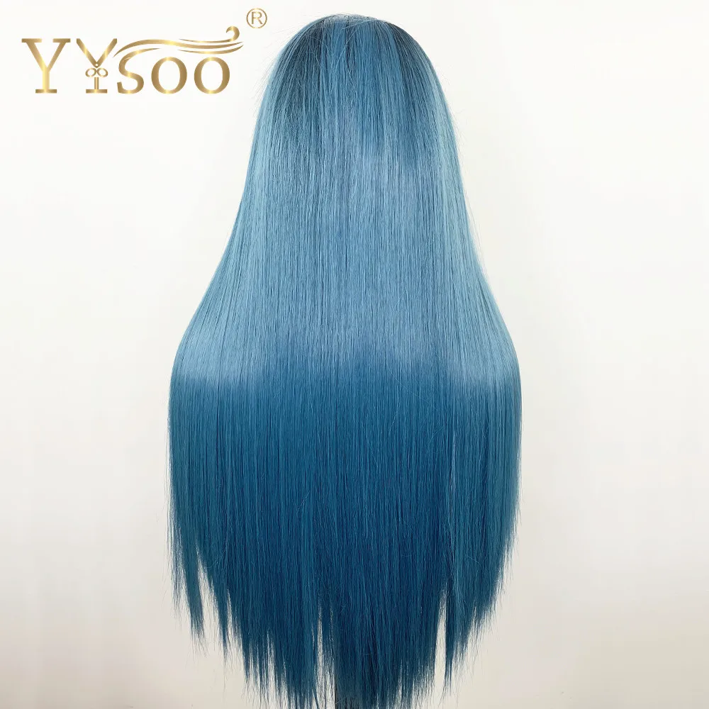 YYsoo 13x6 синтетический серебристый синий длинный Sliky Прямые парики для Для женщин термостойкие волокна волос темные корни эффектом деграде(переход от темного к Замена парики