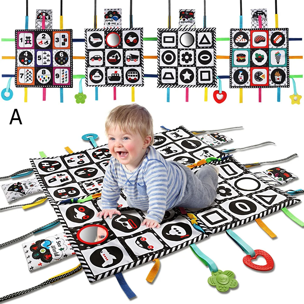 teytoy Tummy Time Floor Mirror Double High Contrast Pat Activity Mat Black and White Baby Crinkle Toys with Teether -Pack of 4 | Игрушки и