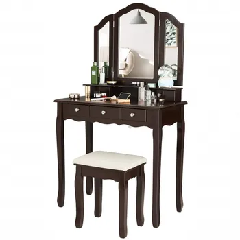 

Bedroom 5 Drawers Vanity Table Set Cushioned Stool Vanity Makeup Dressing Table Drawer with Tri-Folding Mirror Furniture New