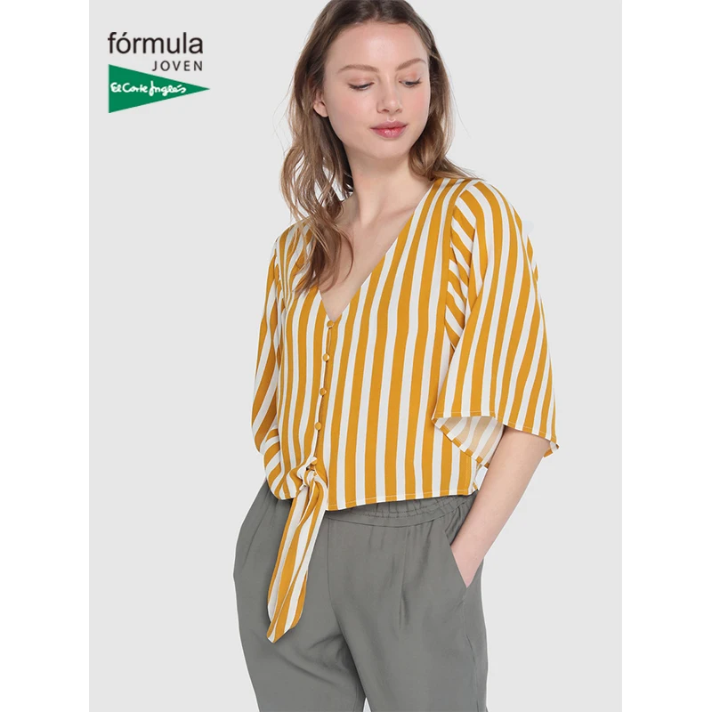 Fórmula Joven Blusa de Mujer de Rayas con Nudo en Bajo Mostaza Mangas Francesa