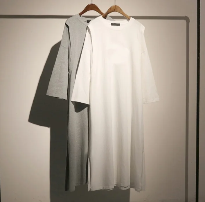 Минималистичная футболка с короткими рукавами с рукавом 3/4, свободное платье, длинное женское платье с круглым вырезом, с разрезом по бокам