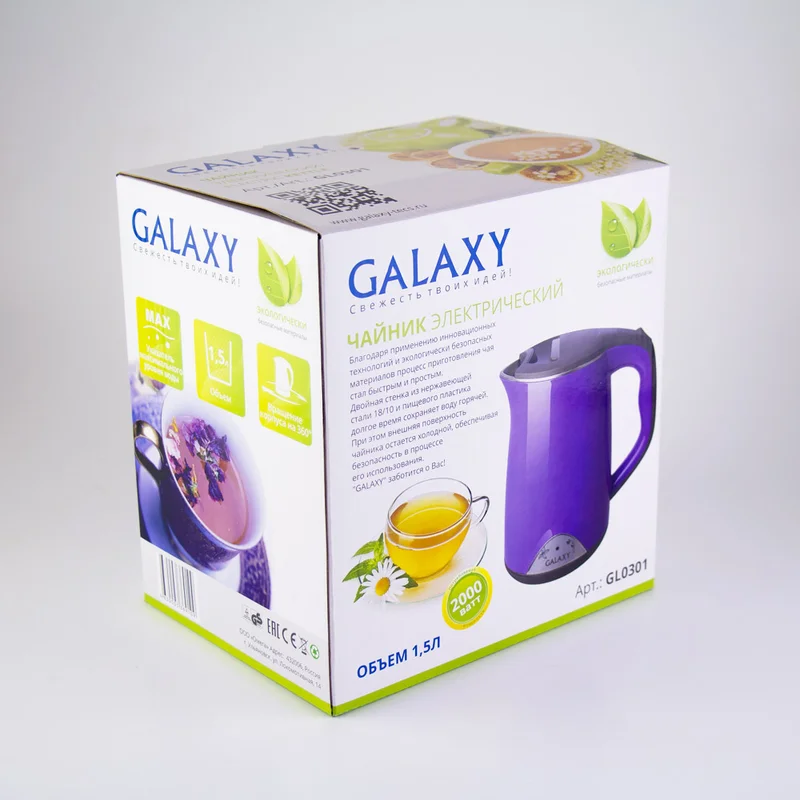 Электрический чайник 2000 Вт Galaxy GL 0301, объем 1,5 л, Скрытый нагревательный элемент