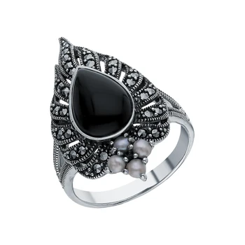 

Silver ring with marcasites, Onyx and pearls cultured sunlight sample 925