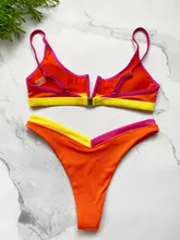 Splicing Bikini Swimwear Bathing-Suit Biquini Ribbed Push-Up Beach Summer Female V-Neck