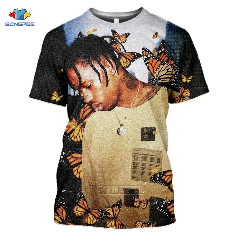 

SONSPEE Travis Scott Butterfly T Shirt Women Hip Hop Rap Music Album Cover 3D Print Summer Punk Style Tops Men Rock T-shirts