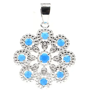 

39x25mm Beautiful Flowers Shape Created Blue Turquoise White CZ Gift For Girls Silver Pendant