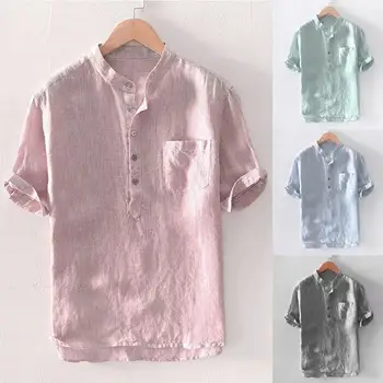 

Men's loose striped cotton and linen short sleeve button pocket shirt