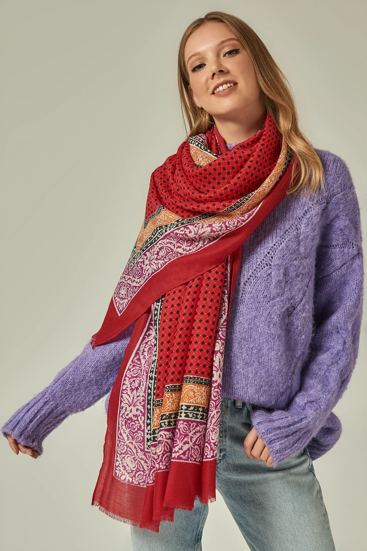 

Red Scarf polyester tufted Multi-Pattern Women's Scarves