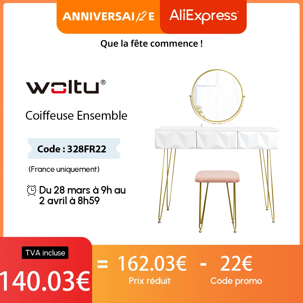 White Gold Dressing Table with 360 ° Swivel Mirror Velvet Stool Makeup Cosmetic Vanity Table with 3 Drawers 3D Effect Bedroom