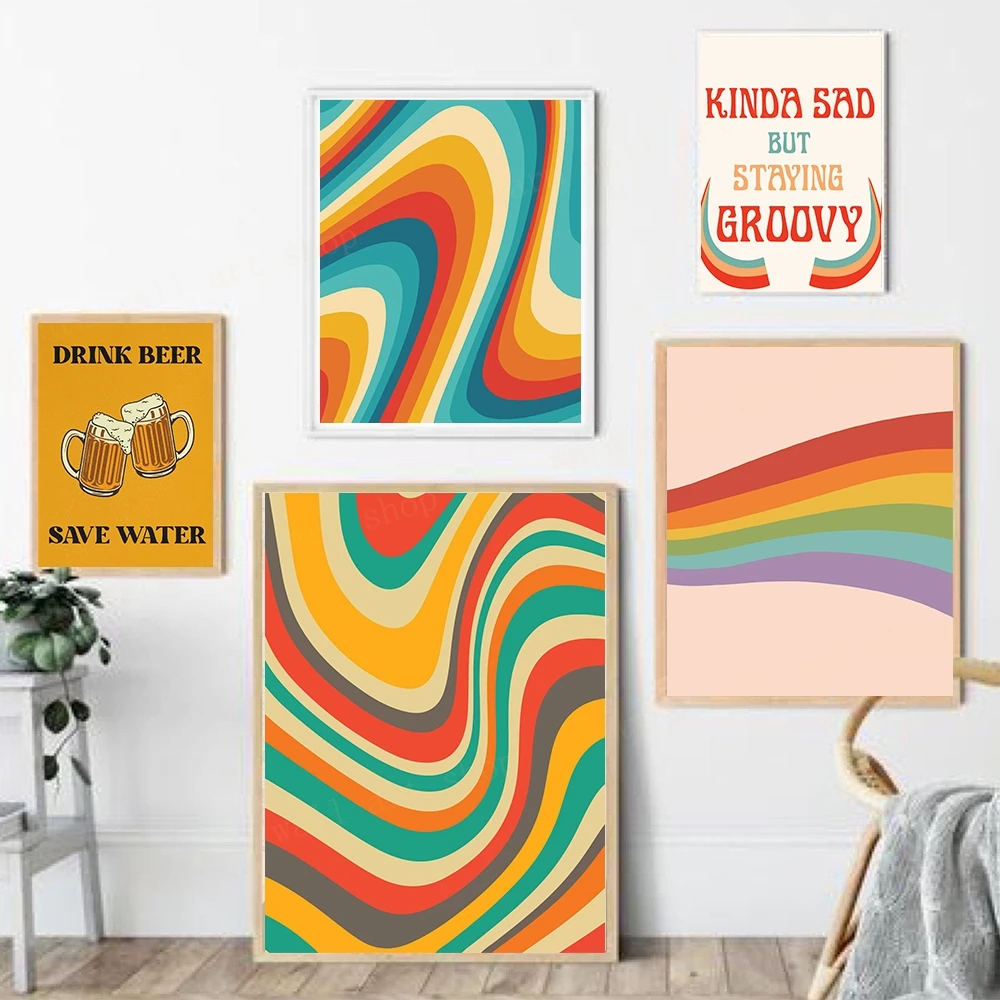 Retro Abstract Line Art Colorful Wave Donut Cartoon Heart Wall Hippie Poster Estetico Canvas Painting Beer Kitchen Nordic Decor