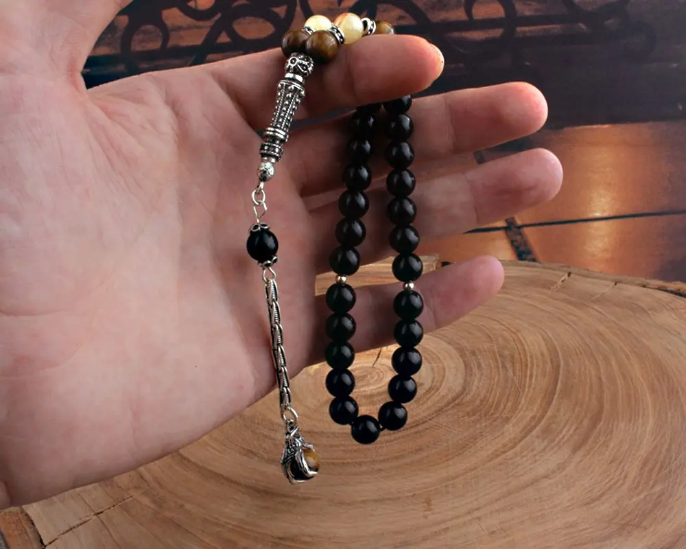 

Natural Onyx 925 Silver Tassel 33 Beads Prayer Beads Tasbih Allah Muslim Salat Rosary Men Women Meditation Jewelry From Turkey