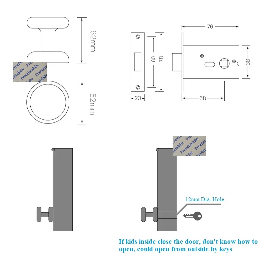 Mortise Lock With Zinc Knob For Conceal Door Gold Grey Chrome