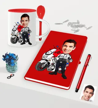 

Personalized Mr Dolphin Polis Caricature Of Red Notebook Pen Spoon Mug set