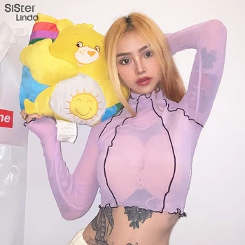 

Sisterlinda Fashion Mesh Striped Sexy Tops Women's T-shirts See-through Basic T-shirts Thin Slim Casual Tees Shirts Mujer 2020