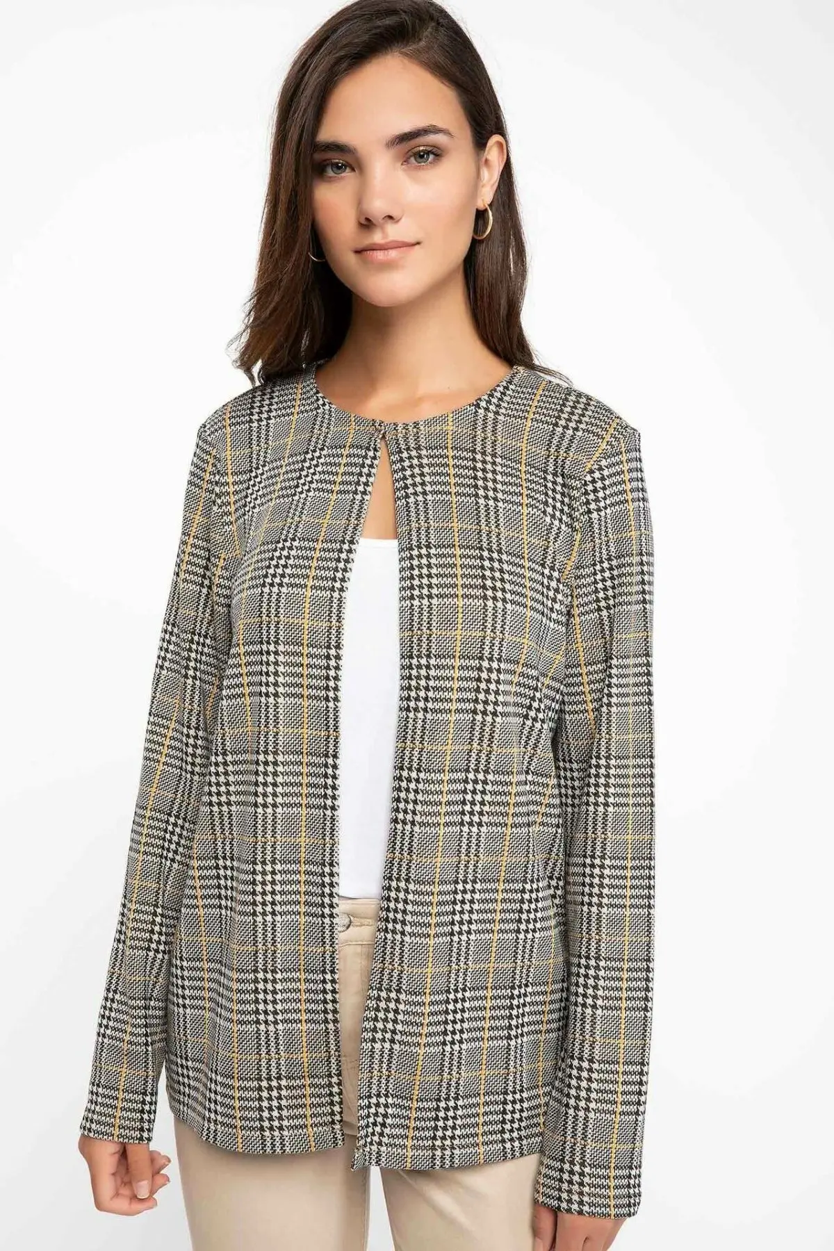 

DeFacto Women Fashion Crewneck Plaid Cardigans Casual Pure Color Loose Jacket Coat Autumn New - J2466AZ18AU