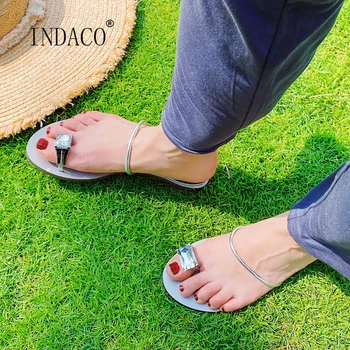 

2020 Women Thong Slippers Outside Leather Summer Slides Slip on High Heel Rhienstone 2.5cm