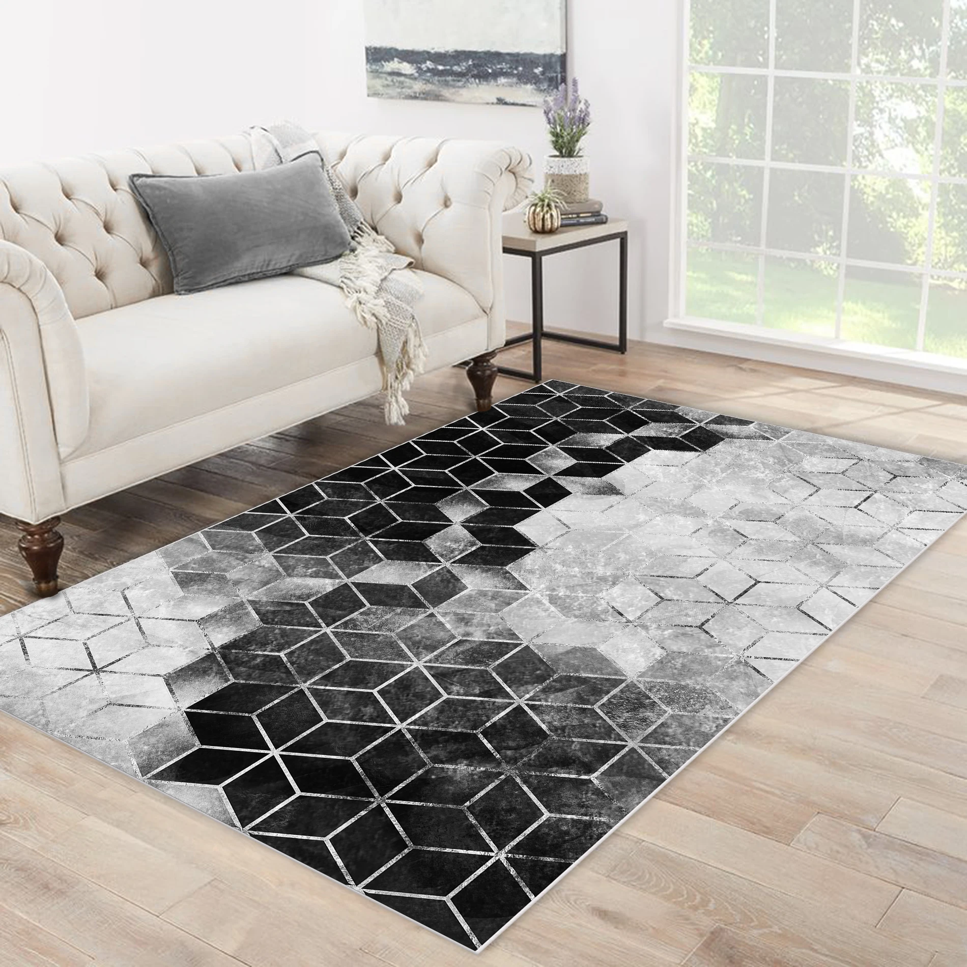 Grey white black carpet grey cube square patterned modern living room free shipping soft | Дом и сад
