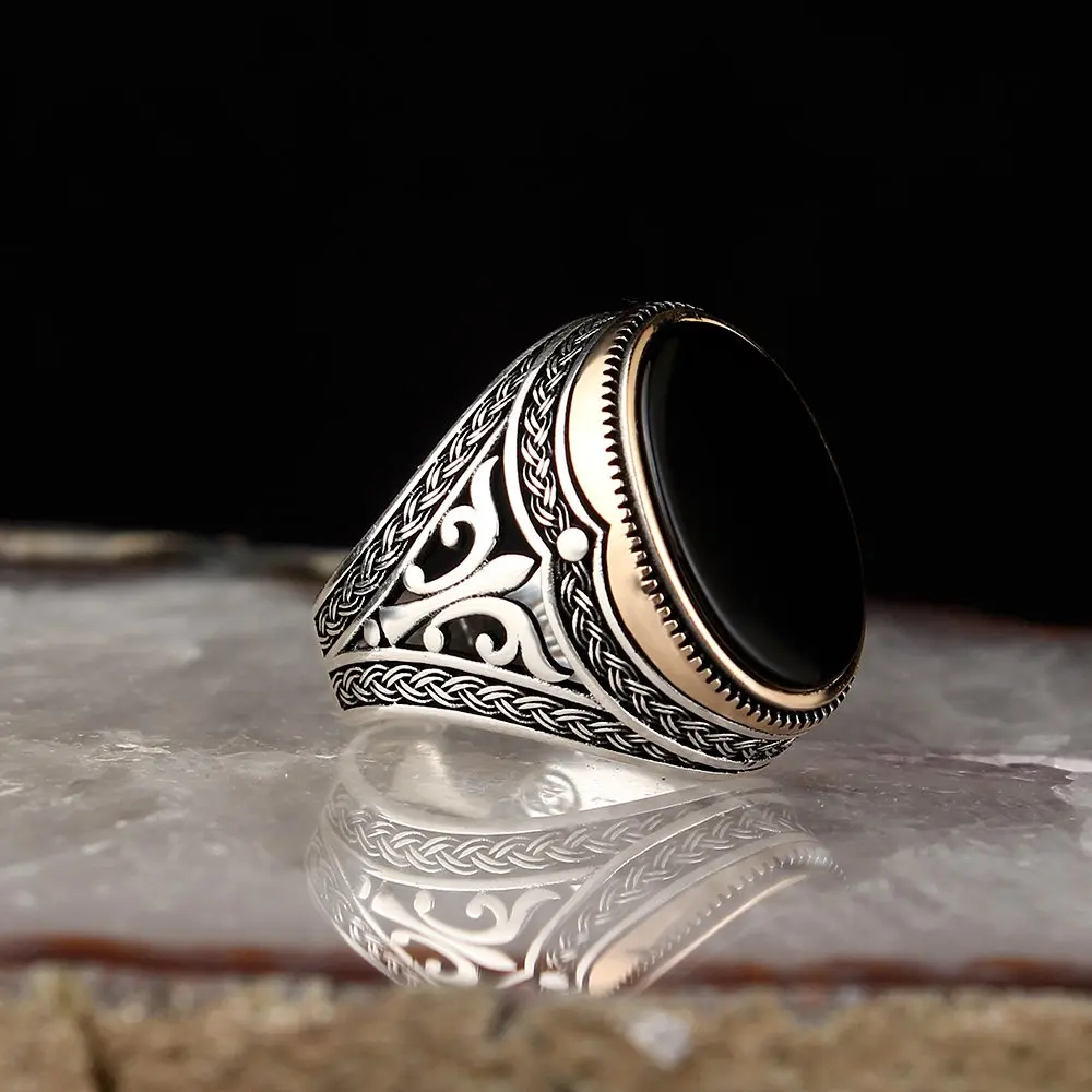 

Natural Onyx StoneTraditional Turkish 925 Silver Men's Handmade Signet Rings Jewelry Gift From Turkey for Women Men