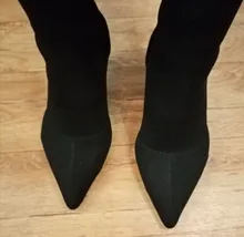 Aphixta-Botas de tacón de hoja de Metal para mujer, Botines de tacón de aguja, de tela elástica, puntiagudas