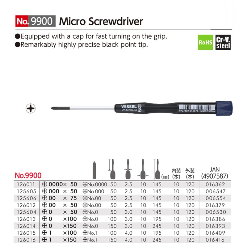 VESSEL Precision Micro Screwdriver for Mini Srews of Glasses Drone Phone Laptop Camera Japan Tools No.9900