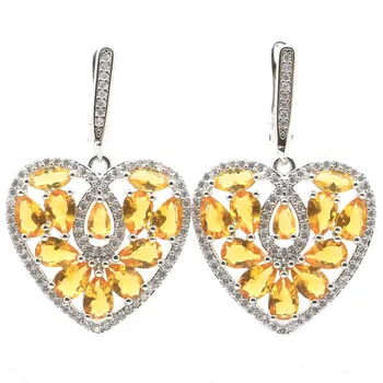 

38x24mm Pretty Heart Shape Created Golden Citrine White CZ Gift For Ladies Silver Earrings
