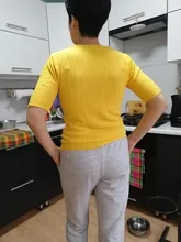 Female Tee Shirt Tops V-Neck Knitted Korea Short-Sleeve Solid Thin Gebreid Dames