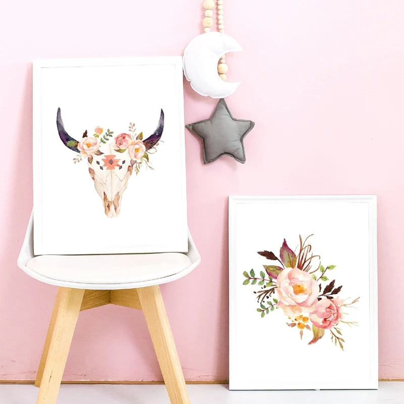 Boho Flowers Skull Watercolor Poster Nursery Decor