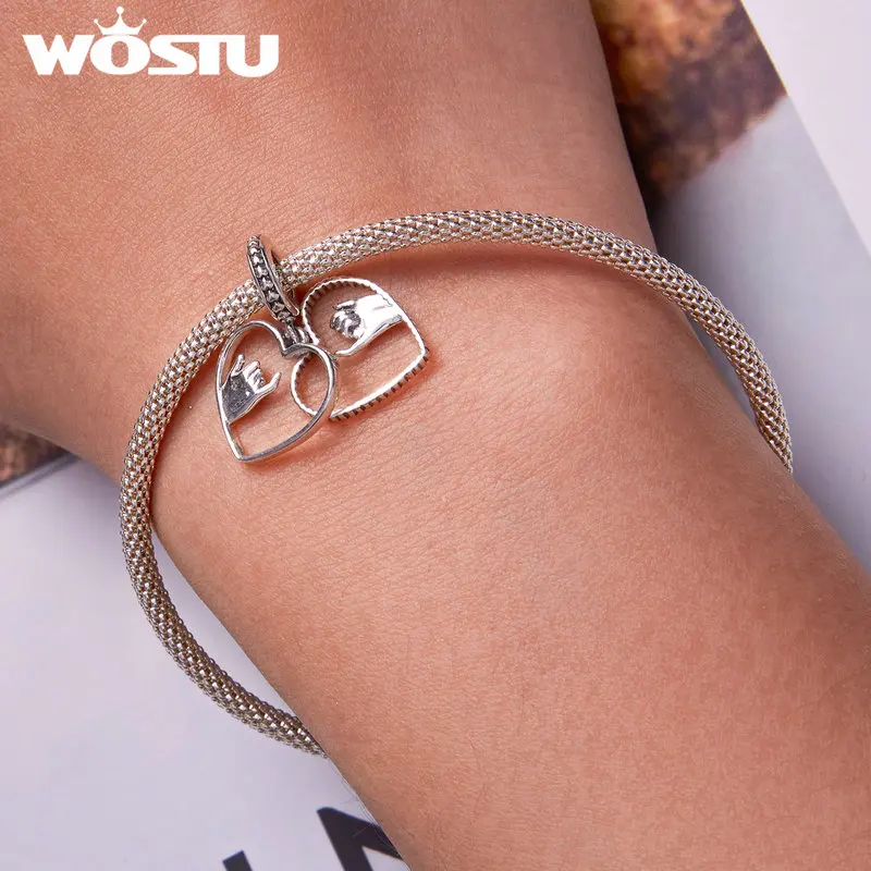 WOSTU Heart Finger Hook Charms Pendents Real 925 Sterling Silver Oath Pendent Fit Original DIY Bracelets Necklace Fine Jewelry
