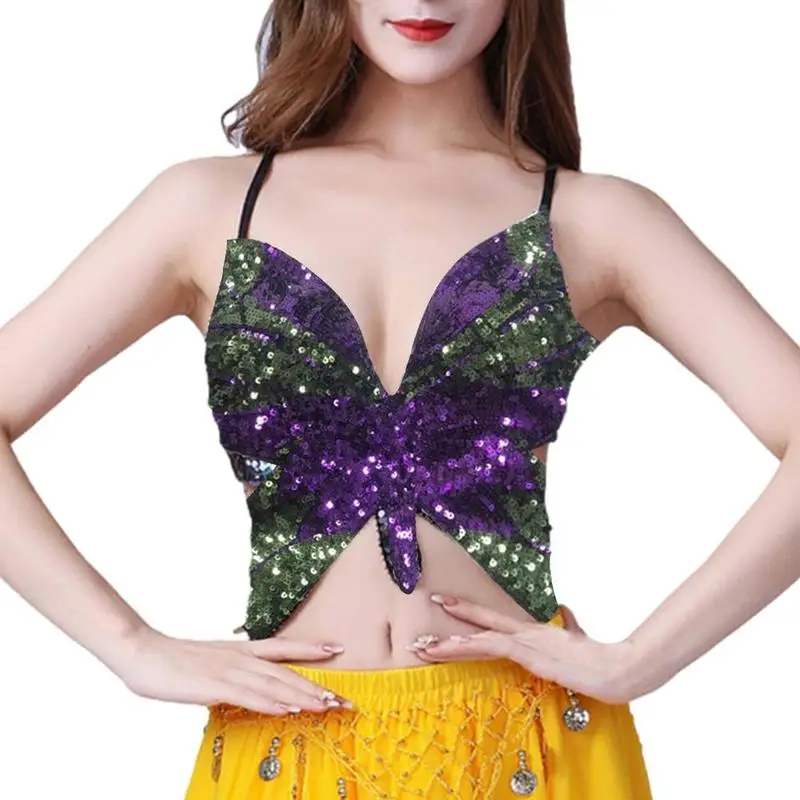 Butterfly Sequin Crop Top Women Summer Backless V Neck Sexy Club Costume Outfits Women Clothes Fashion Trendy Sexy Bra Tops white bra