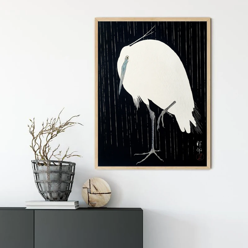 

Egret in the Rain By Ohara Koson Painting Art Canvas Prints Classic Artwork Poster Black White Wall Pictures Living Room Decor