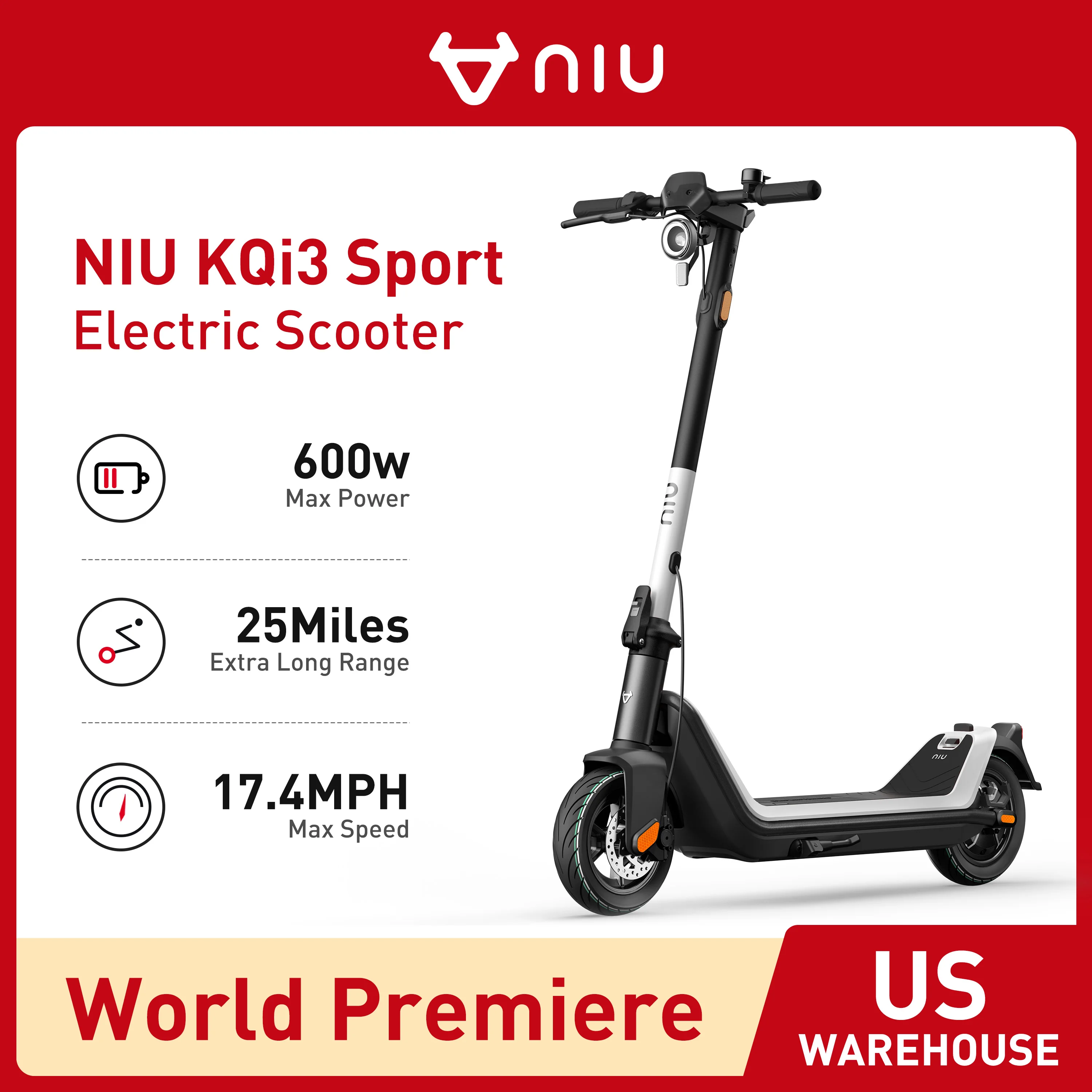 Niu Kqi3 Sport Electric Kick Scooter For Audlts 25mile Range 17.4mph Max Speed Wide Deck Smart