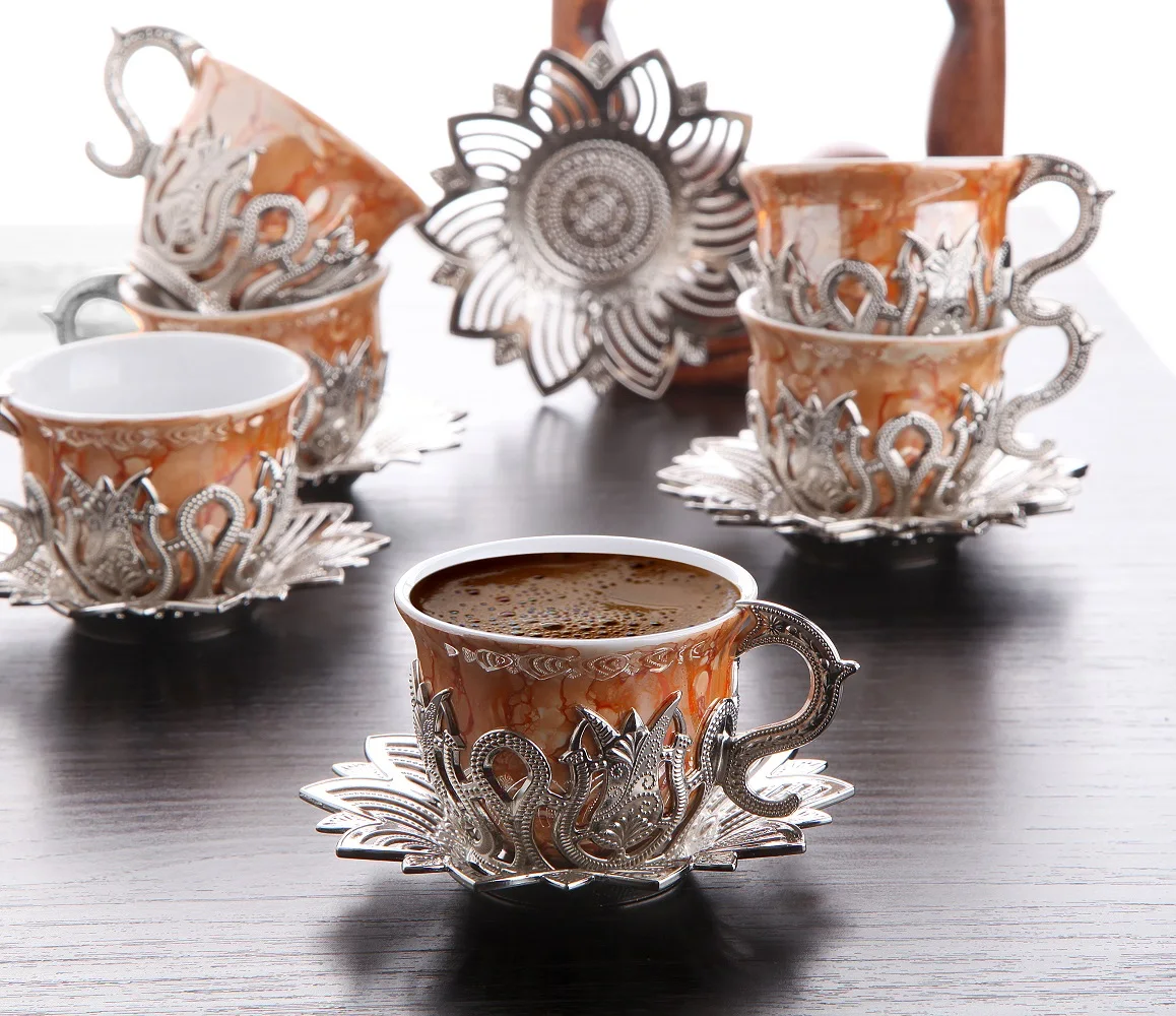 

Turkish Coffee Set - Silver Color - Orange Cups