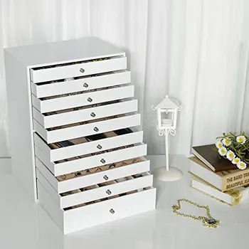 

Jewelry Box extra large Organizer with drawer storage with 10 layers storage, white leatherette JBC10W